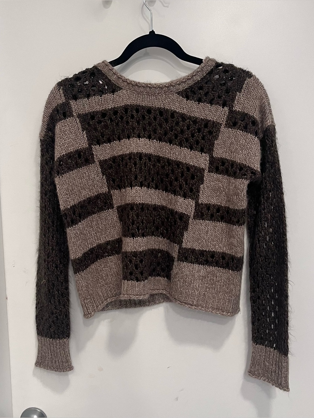 Romeo & Juliet Striped Open Knit Sweater - Taupe & Chocolate Brown Medium